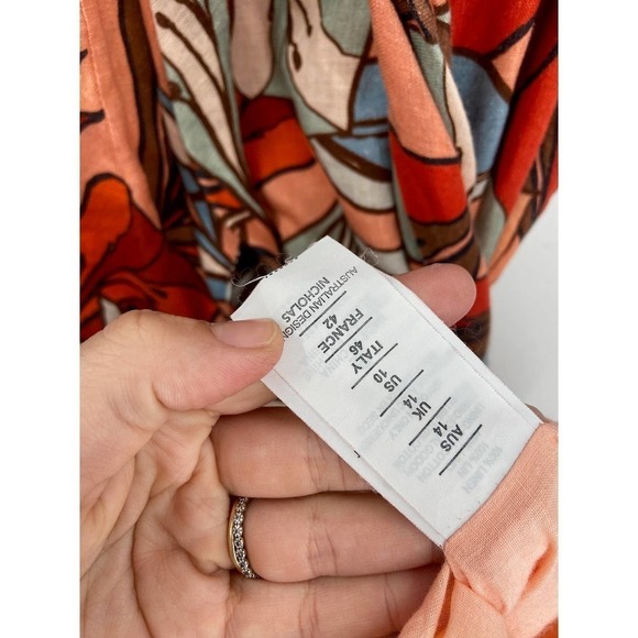 Nicholas Asilah Tropical Floral Print Orange Tie Front V-Neck Midi Dress Size 10 - Picture 7 of 8